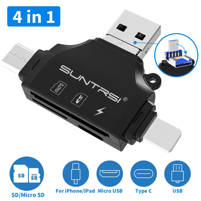 SUNTRSI 4 in 1 SD Card Reader for iPhone ipad Android Mac PC Camera,Micro SD Card Reader SD Card Adapter Portable Memory Card Reader Trail Camera Viewer for SD and TF Card - Image 2